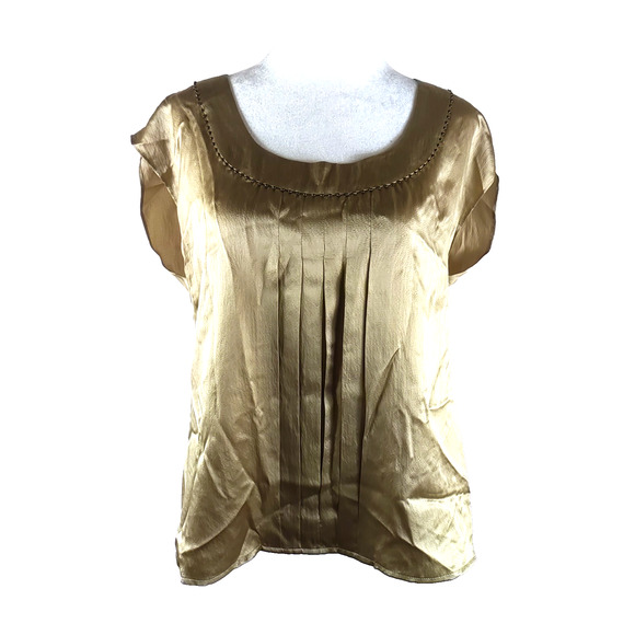 Talbot's Women's Sleeveless Top Size 10 Tan/Gold 100% Silk Beaded Pleats - Picture 1 of 9
